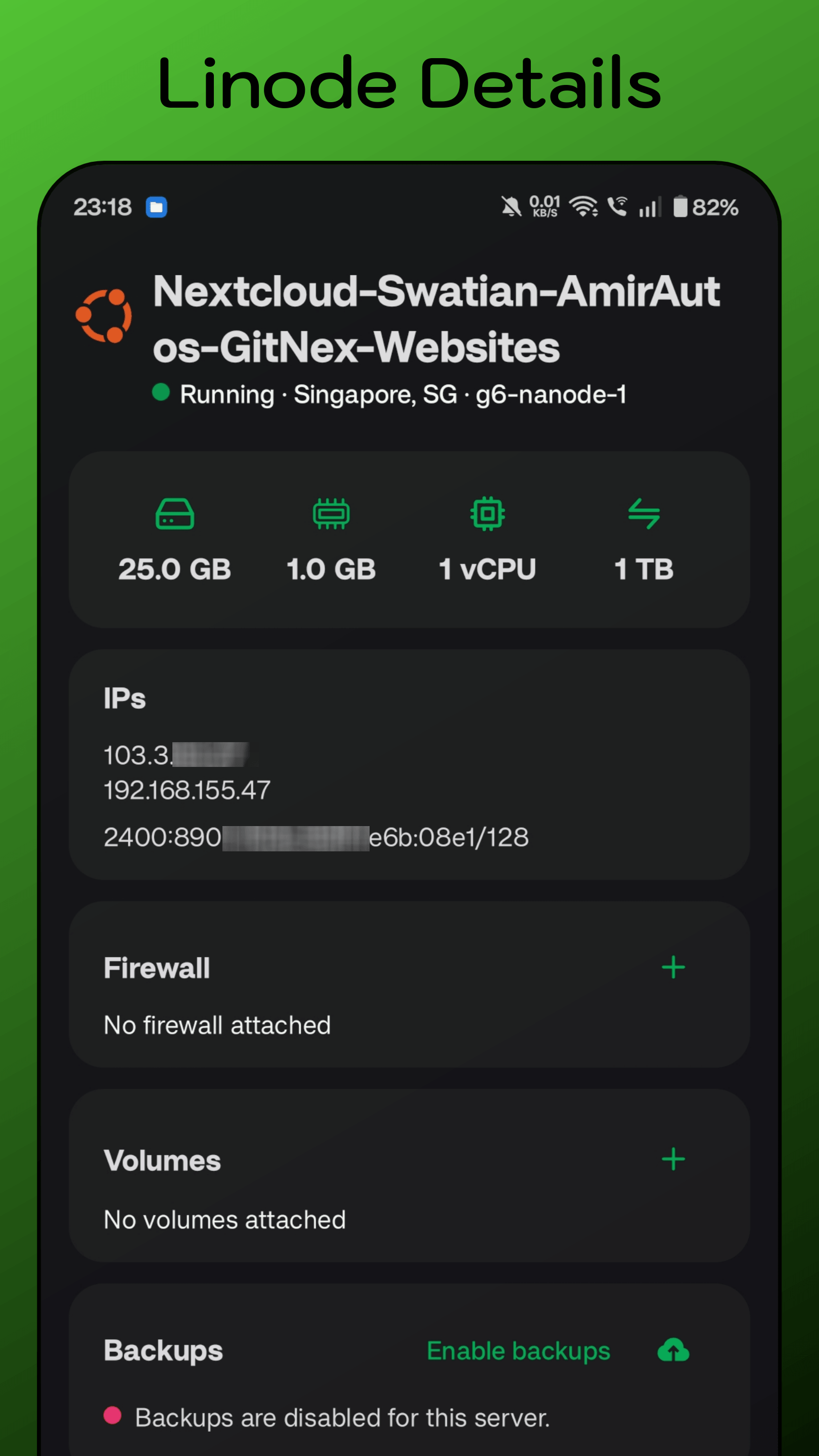NexNode Instance detail - full server controls